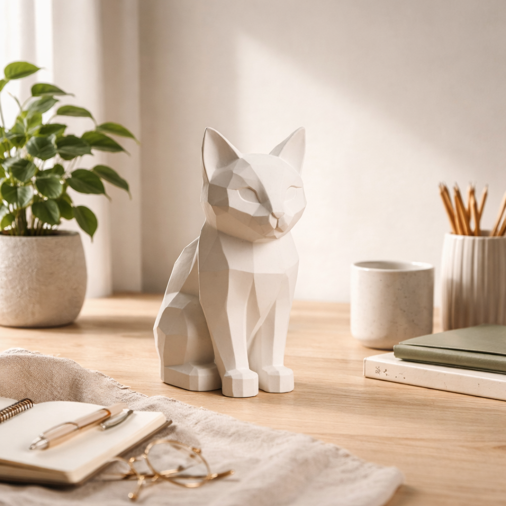 Minimalist Geometric Cat Decor | Modern Desk Accent & Home Styling Piece | Eco-Friendly Composite Sculpture