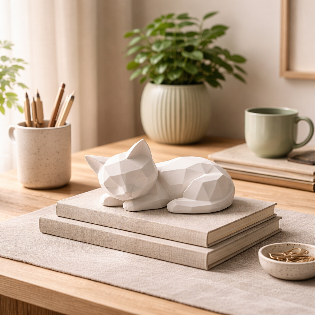 Geometric Sleeping Cat Figurine – Minimalist Modern Animal Sculpture for Home & Desk Décor
