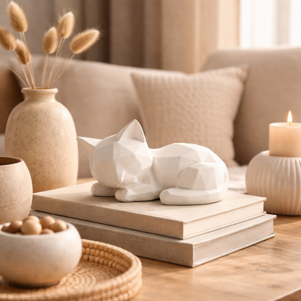 Geometric Sleeping Cat Figurine – Minimalist Modern Animal Sculpture for Home & Desk Décor