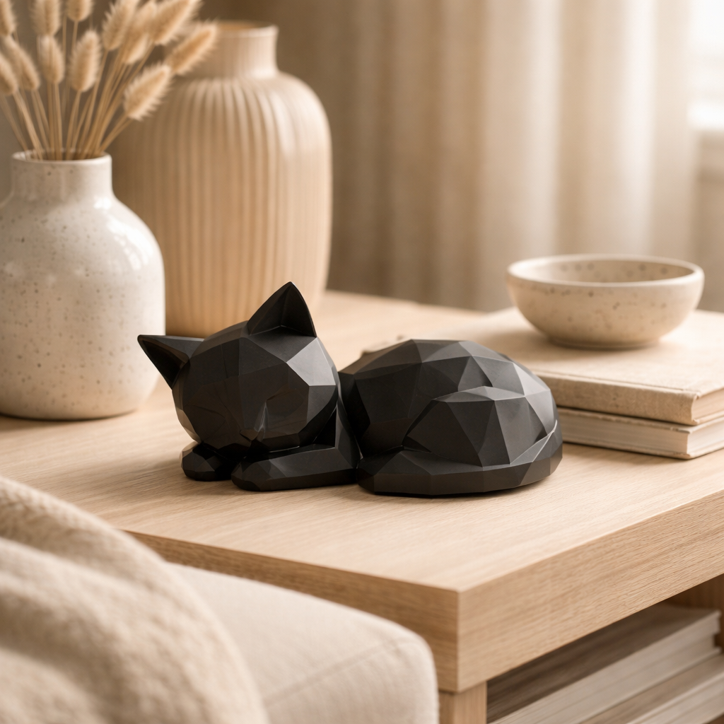 Geometric Sleeping Cat Figurine – Minimalist Modern Animal Sculpture for Home & Desk Décor
