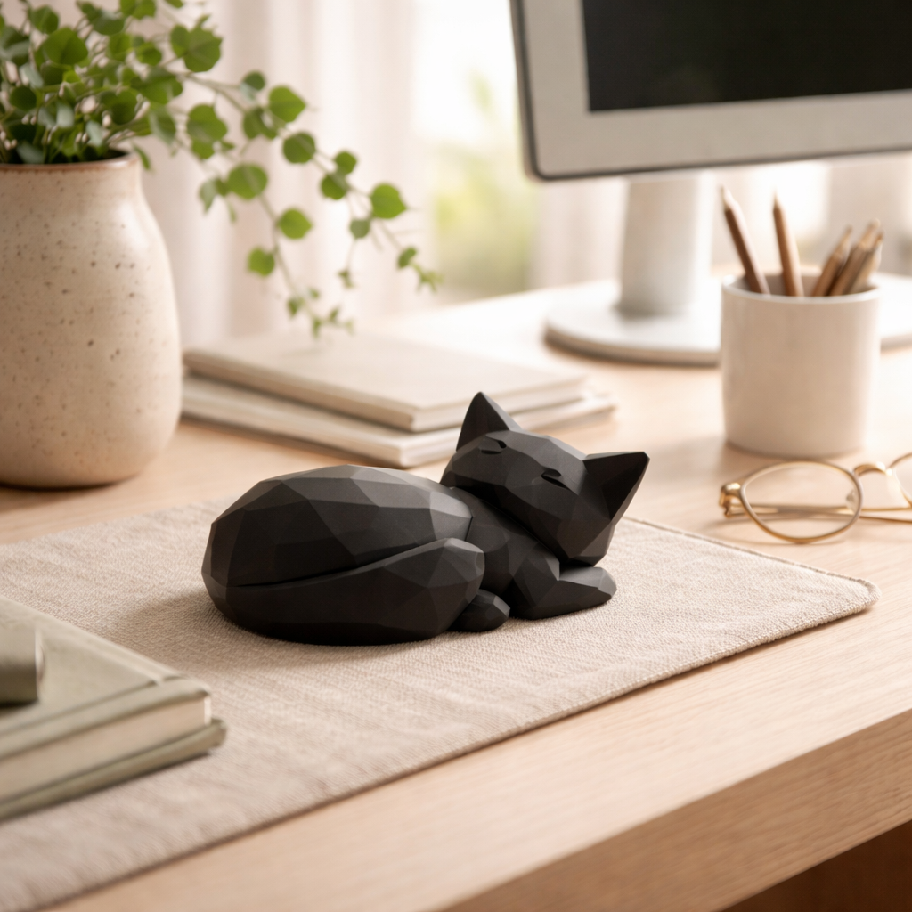 Geometric Sleeping Cat Figurine – Minimalist Modern Animal Sculpture for Home & Desk Décor
