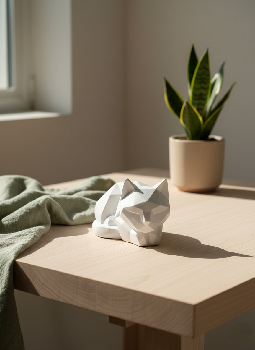 Geometric Feline Muse: Modern Low-Poly Cat Sculpture